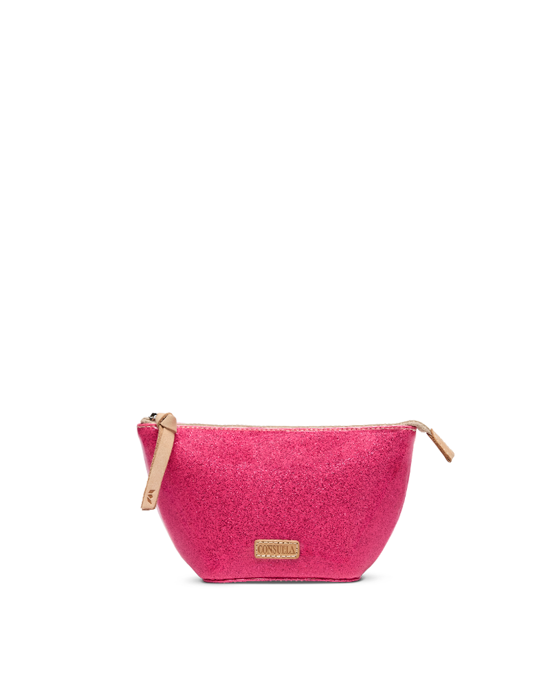 Pink glittery pouch with gold zipper on a white background