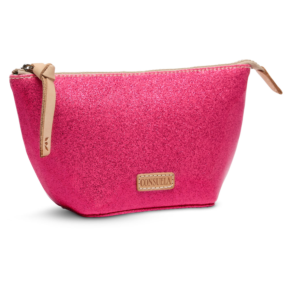 Pink textured pouch with beige zipper and 'Consuela' brand logo on a white background