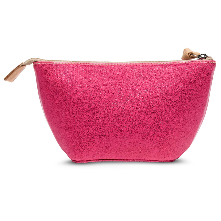 Pink glittery pouch with a gold zipper on a white background