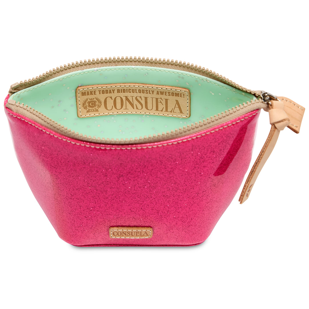 Pink cosmetic bag with green interior and Consuela branding on a white background