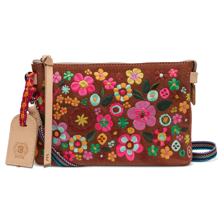 Brown handbag with colorful floral embroidery on a white background