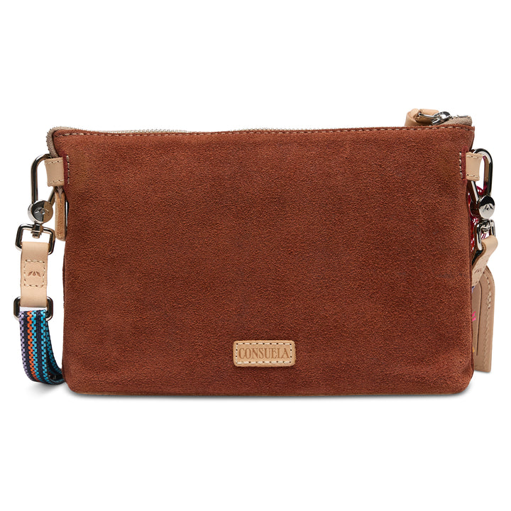 Brown leather crossbody bag with visible brand logo on a white background