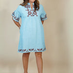 A woman modeling a light blue cotton tunic dress with brown floral embroidery on the neckline, sleeve cuffs, and hem, standing against a solid beige studio background.
