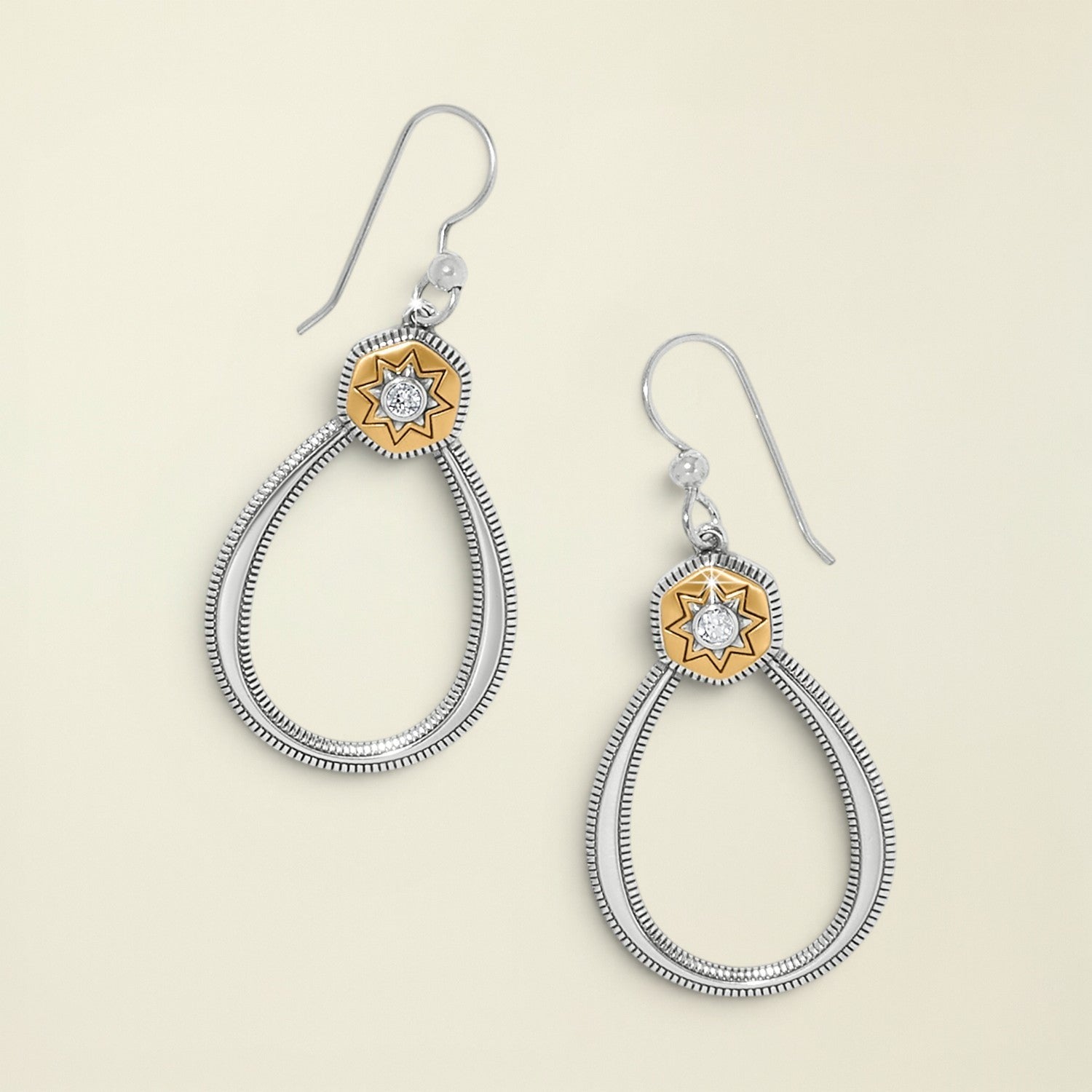 Pair of silver and gold hoop earrings on a white background