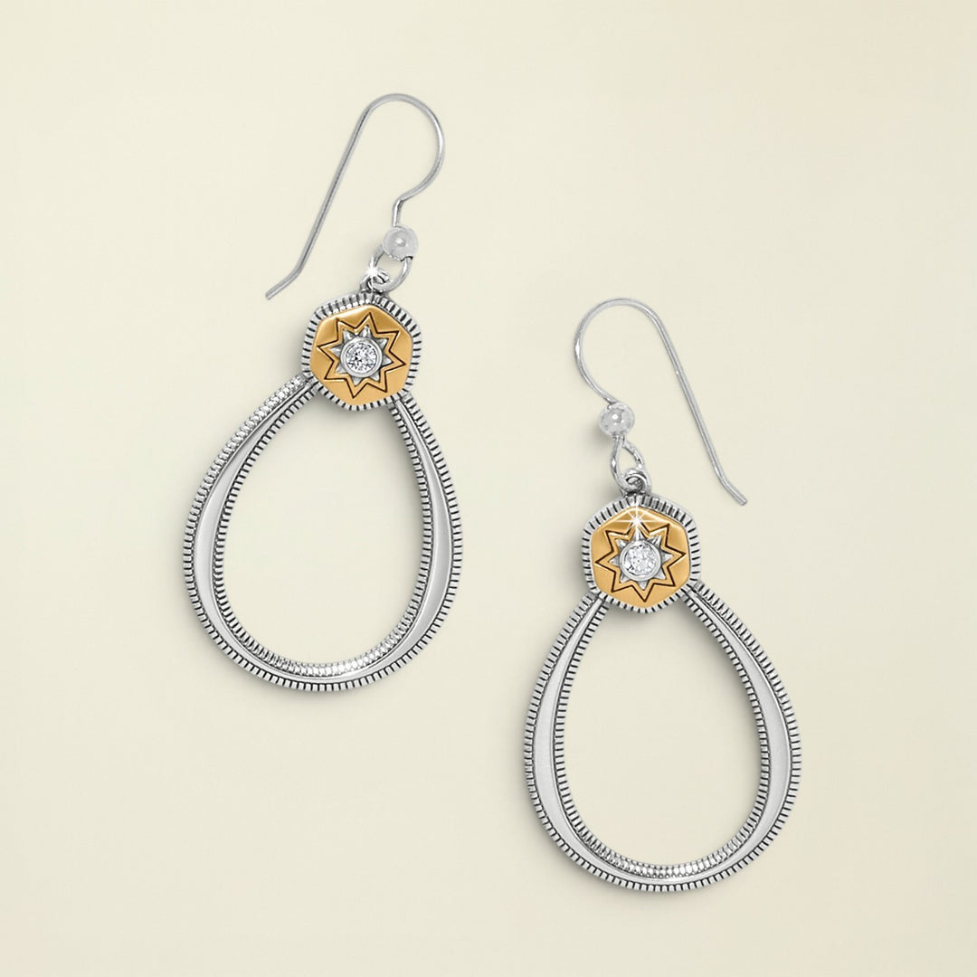 Pair of silver and gold hoop earrings on a white background