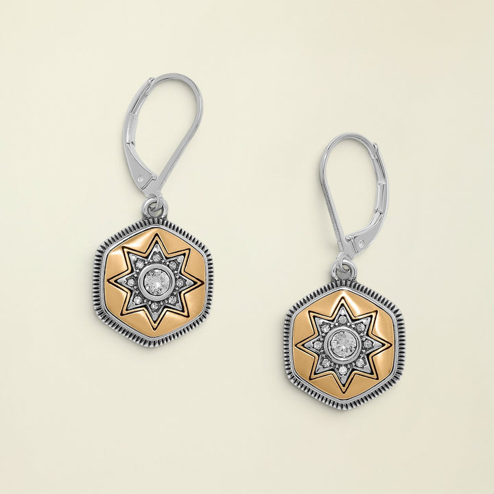 Pair of earrings with star design on a white background