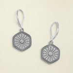Pair of silver earrings with intricate designs on a white background