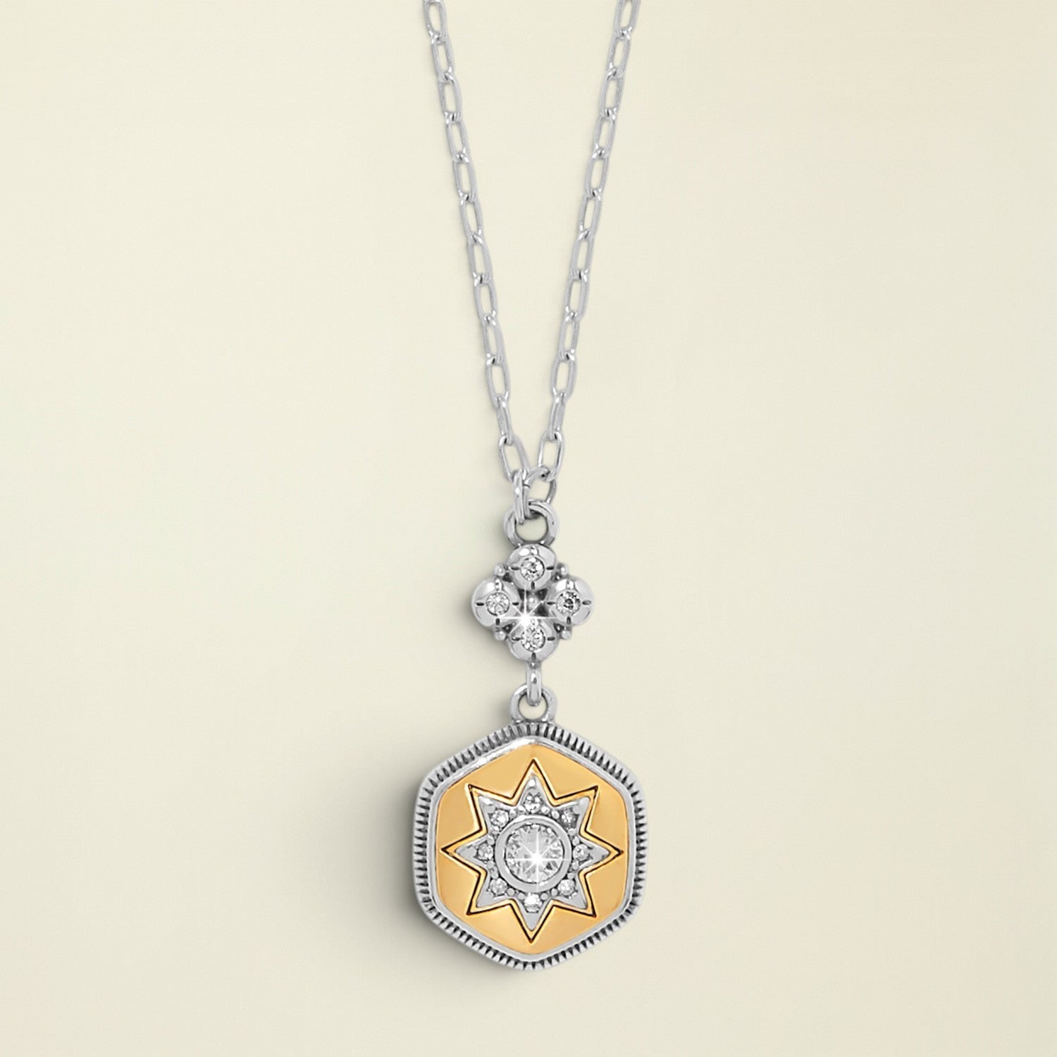 Necklace with a gold and silver pendant on a white background