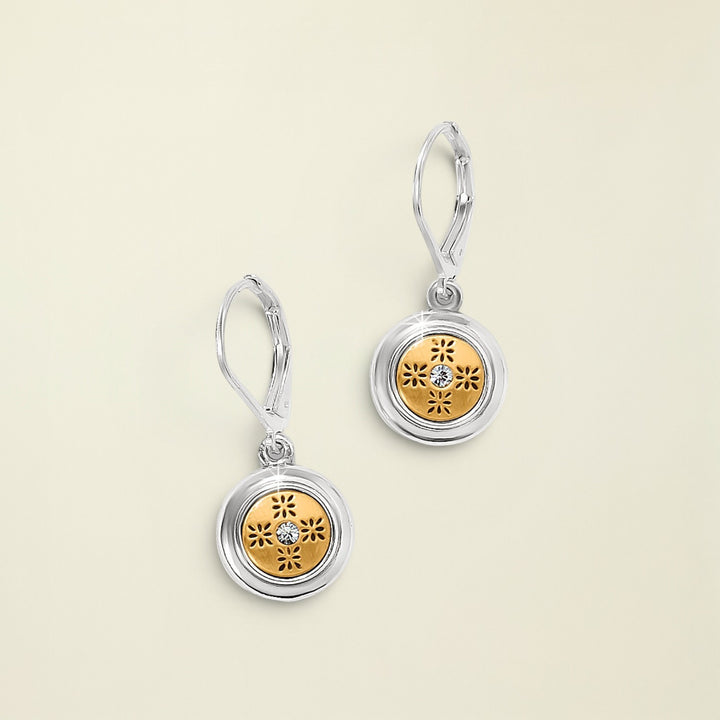 Pair of earrings with gold and silver design on a white background
