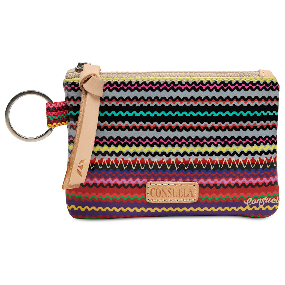 Colorful striped keychain pouch with a brand logo on a white background