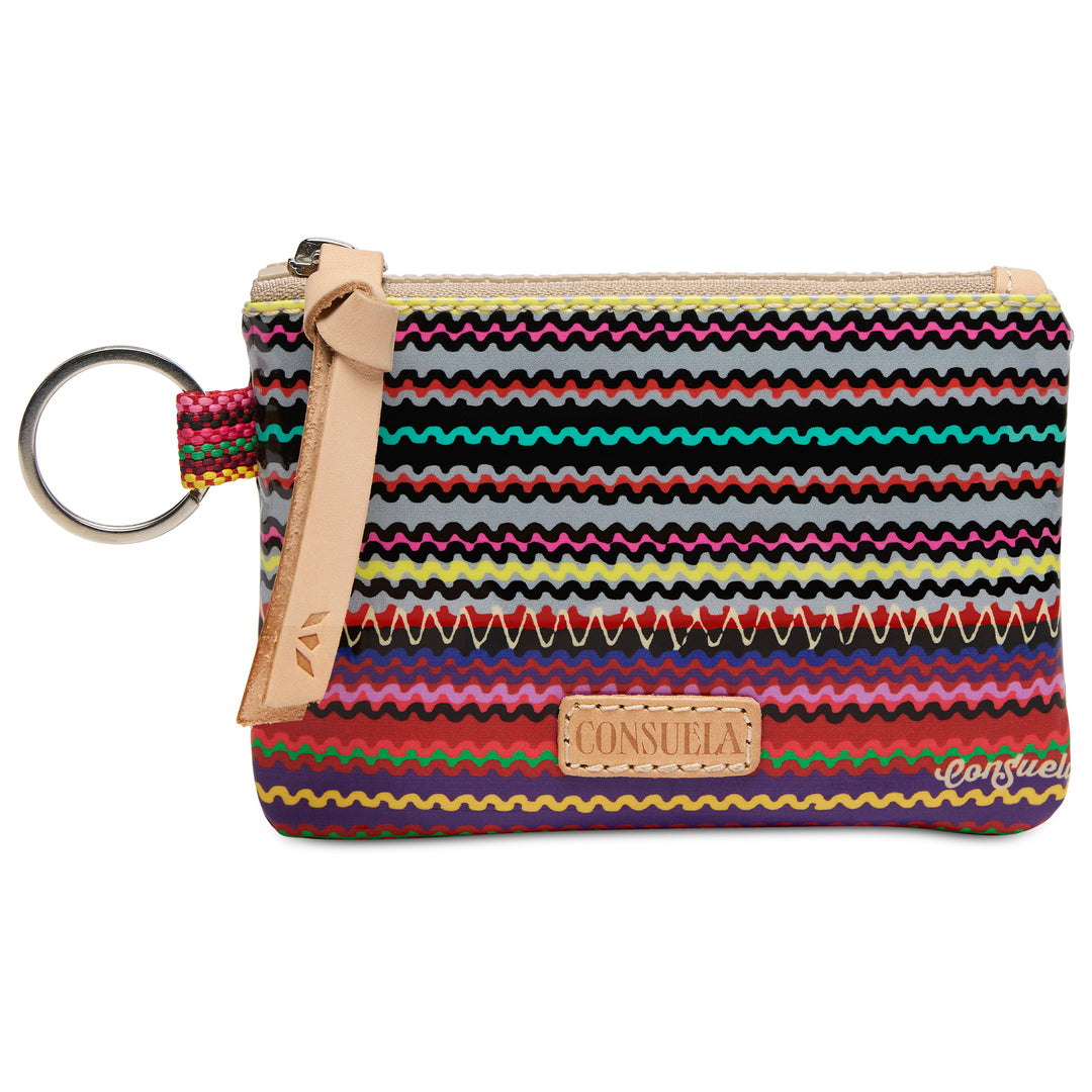 Colorful striped keychain pouch with a brand logo on a white background