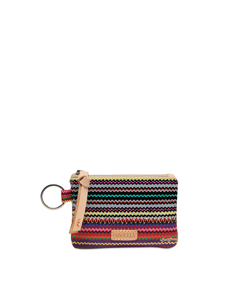 Multicolored striped pouch with a key ring on a white background