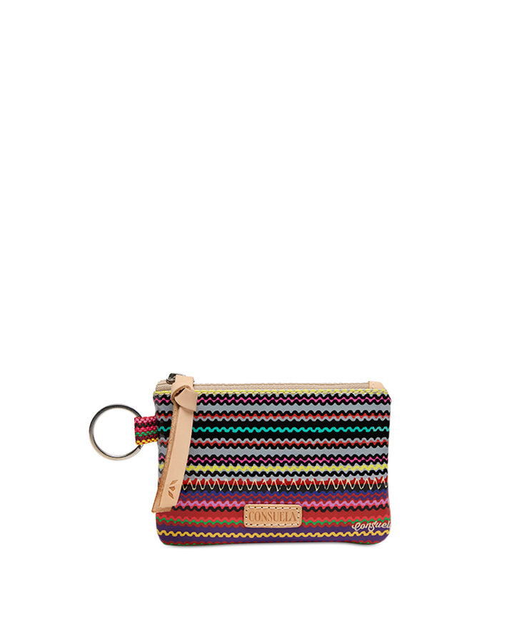 Multicolored striped pouch with a key ring on a white background