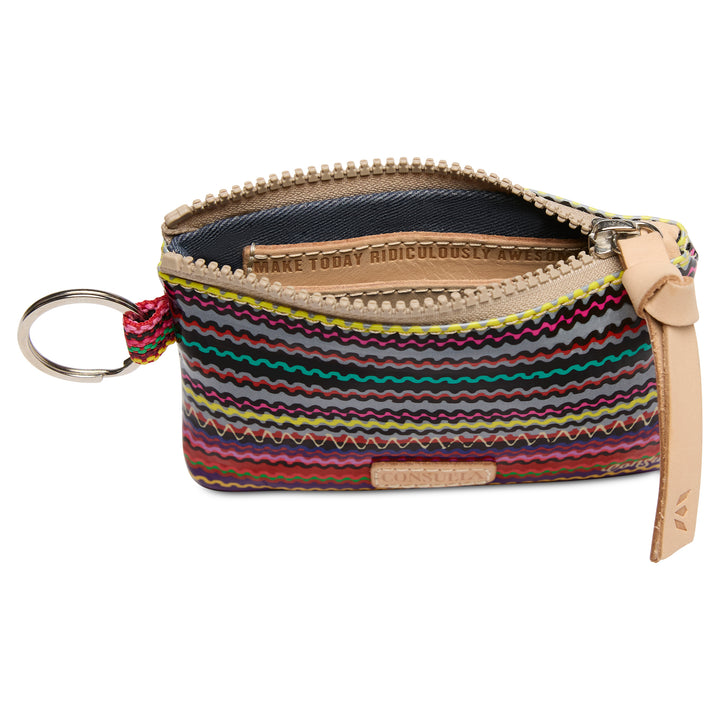 Multicolored striped pouch with a key ring on a white background