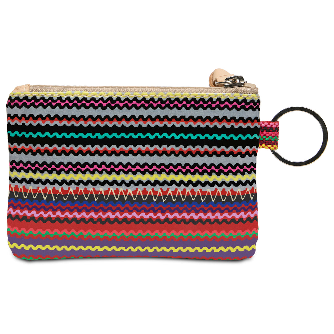 Colorful striped pouch with a keyring on a white background