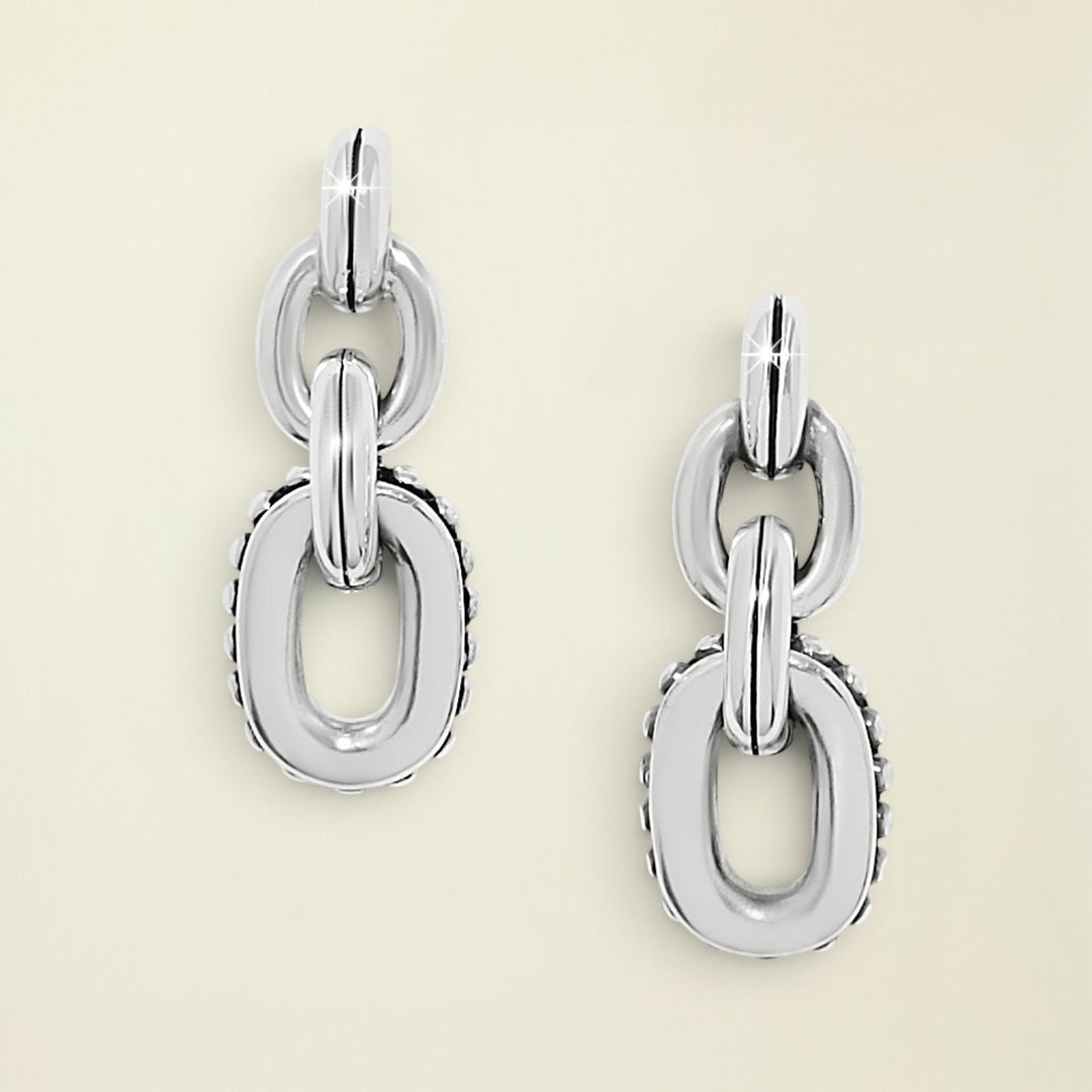 Pair of silver chain-link earrings on a white background