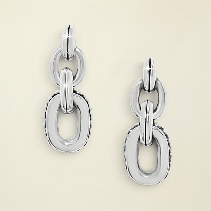 Pair of silver chain-link earrings on a white background