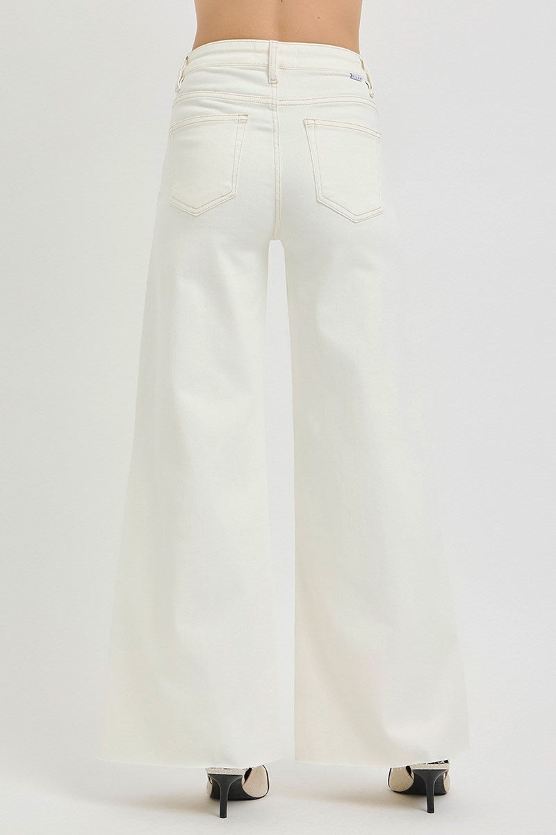 back view of a woman wearing Risen Cream Wide Leg Jeans