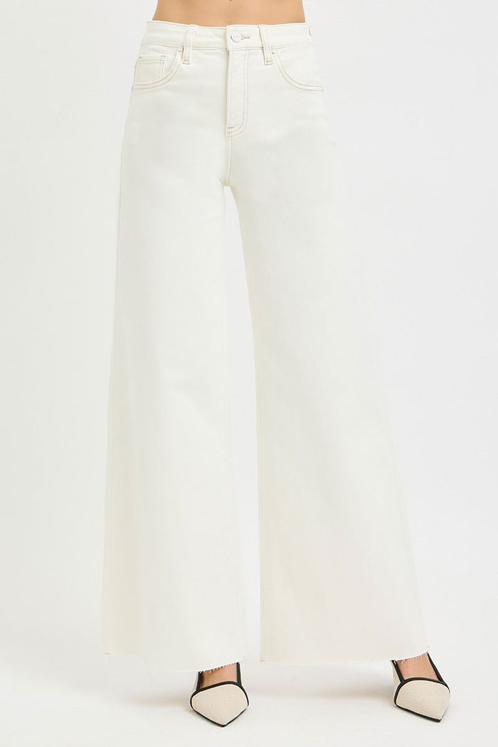 front detailed view of woman wearing Risen Cream Wide Leg Jeans