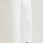 detailed view of woman wearing Risen White Mid Rise Ankle Barrel Jean