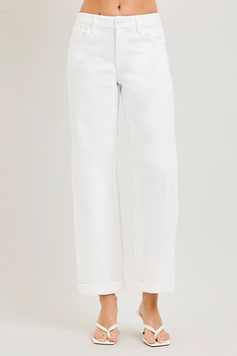 detailed view of woman wearing Risen White Mid Rise Ankle Barrel Jean