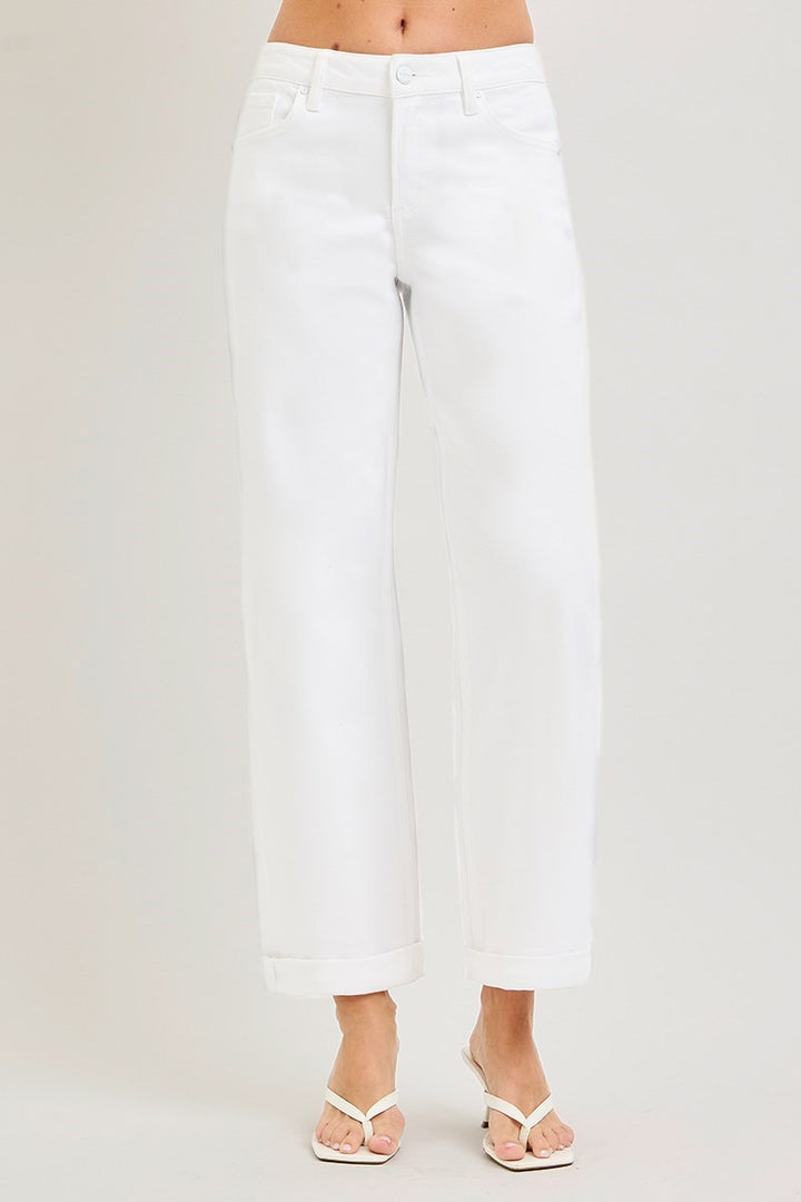 detailed view of woman wearing Risen White Mid Rise Ankle Barrel Jean