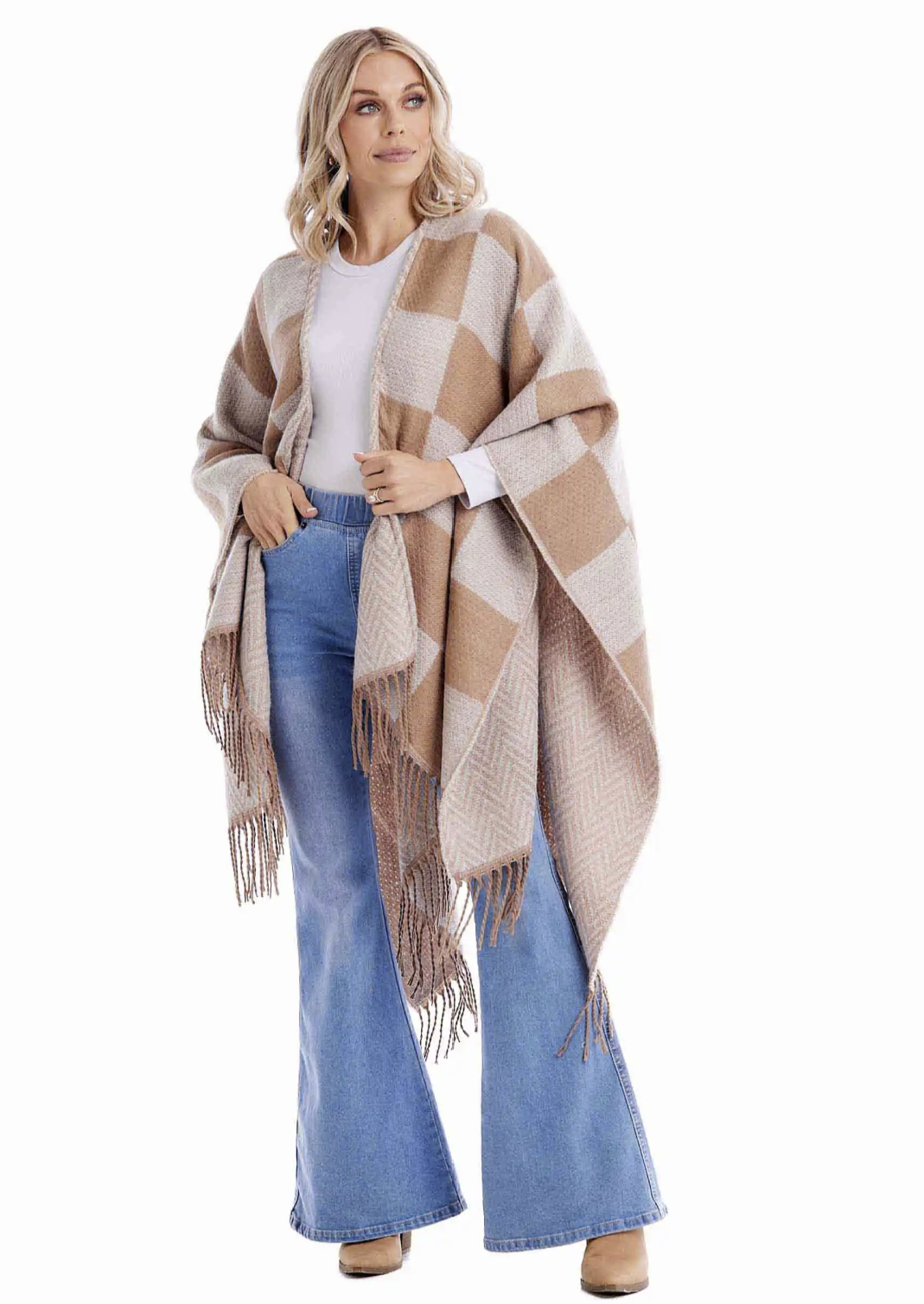 Yvette Reversible Poncho Tan Check