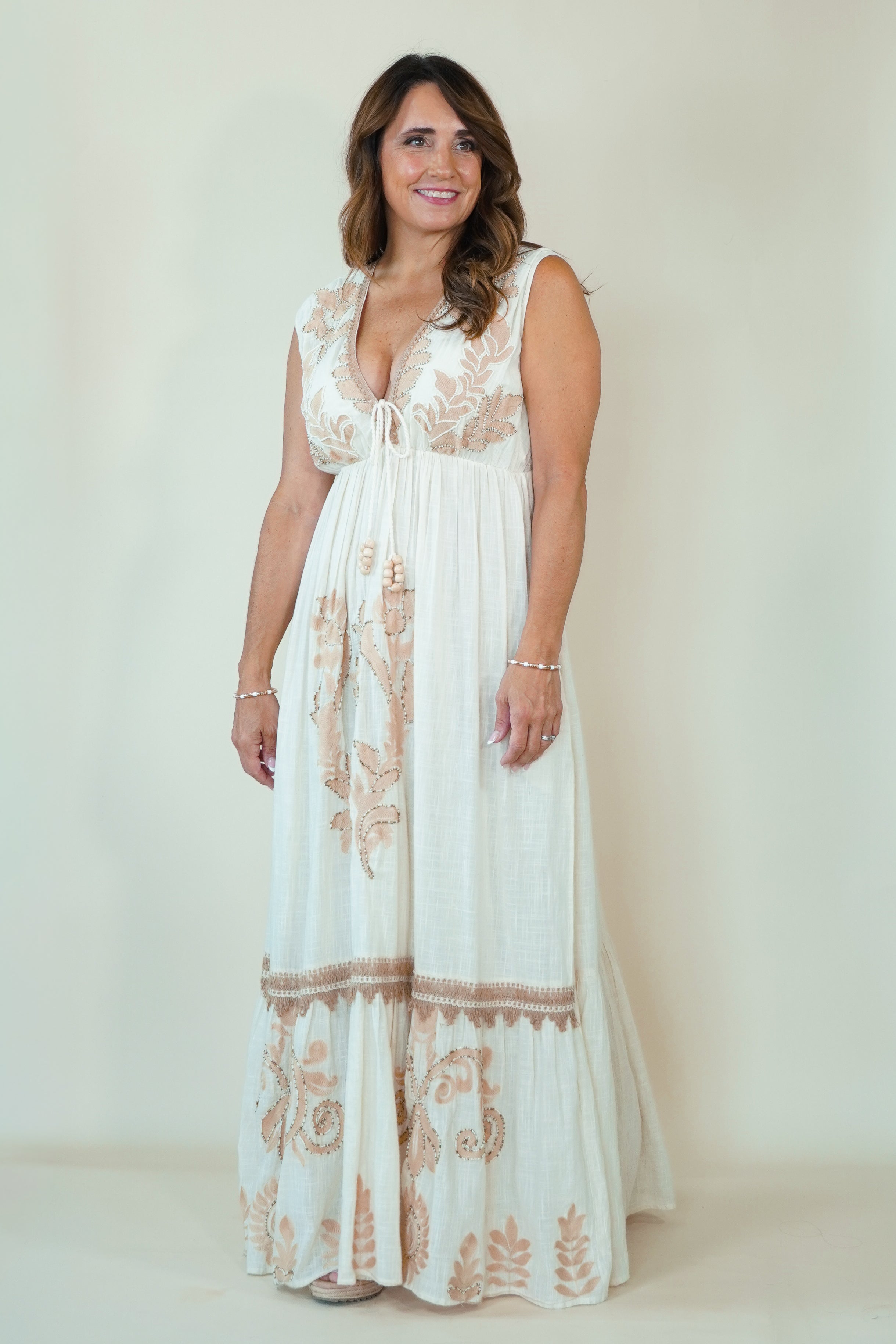 Women's Embroidered Maxi Dress in Ivory