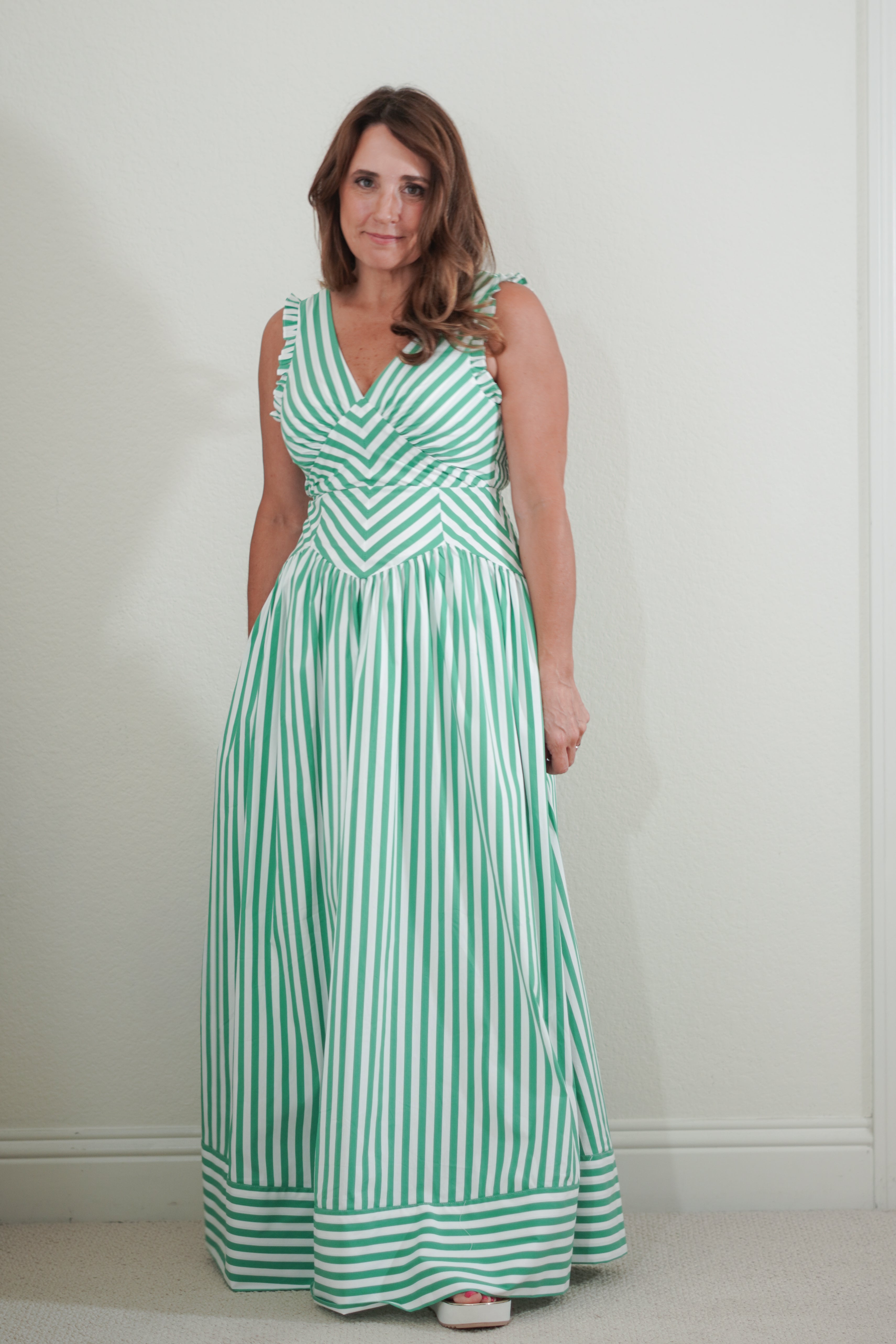 Skies Are Blue Green Stripe Ruffle Strap Maxi Dress