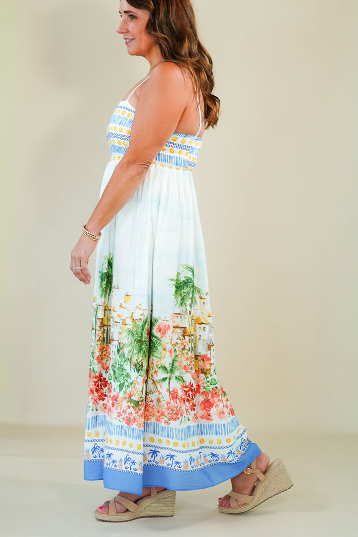 Woman wearing a floral dress with a white background