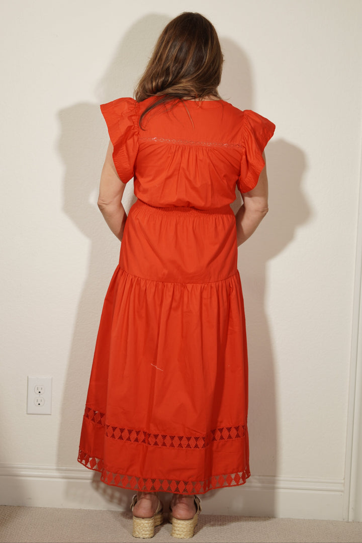 THML Red Eyelet Trim Flutter Sleeve Maxi Dress dresses