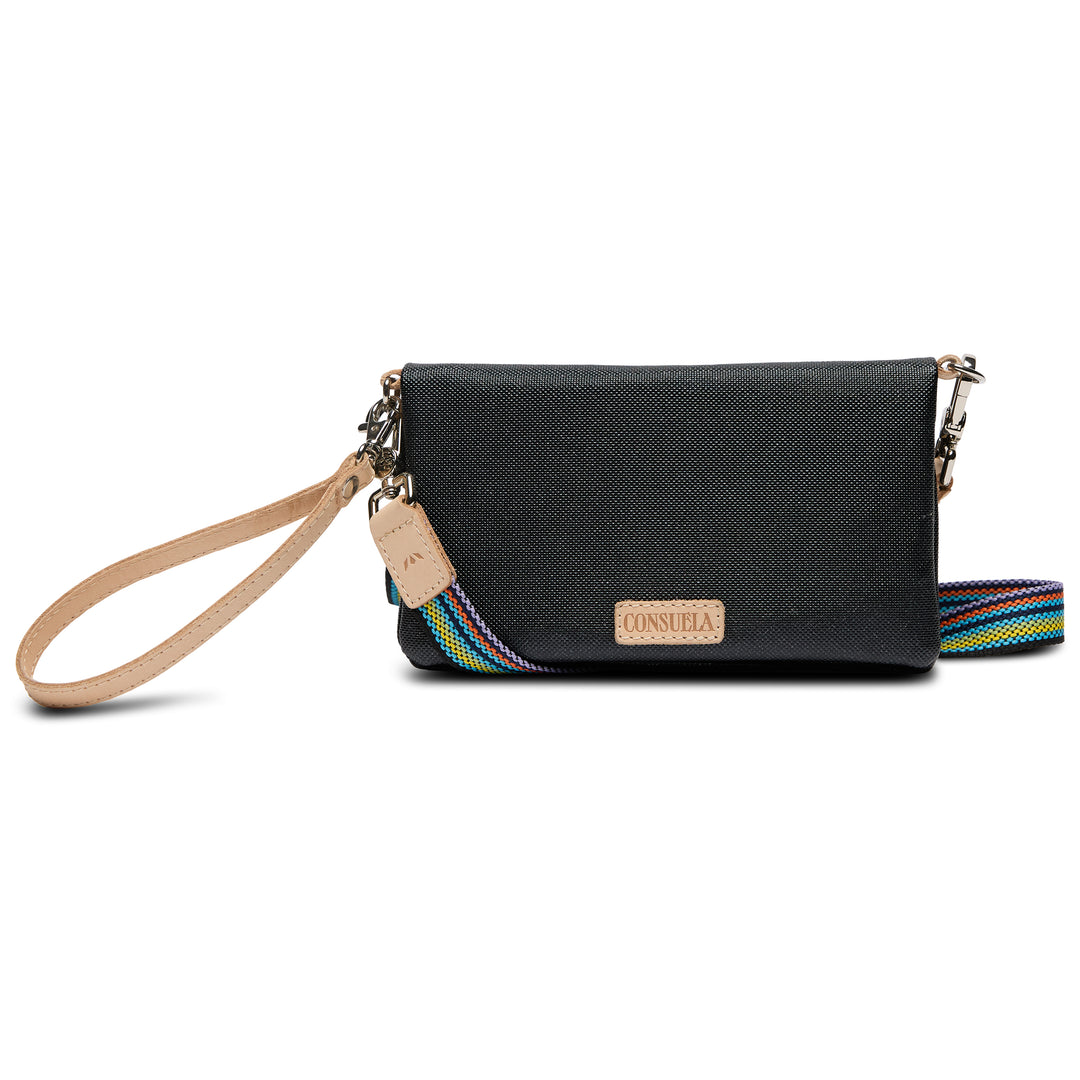 Black handbag with a strap on a white background