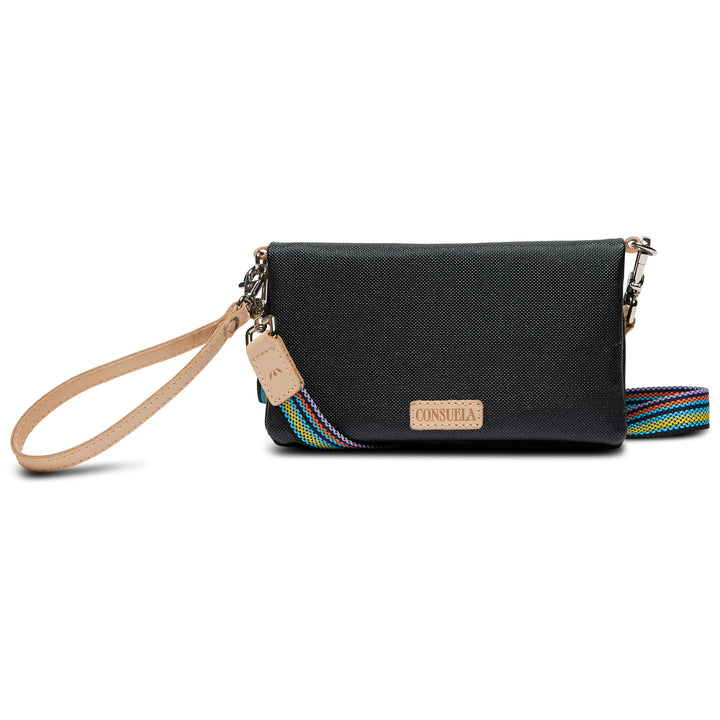 Black handbag with a strap on a white background