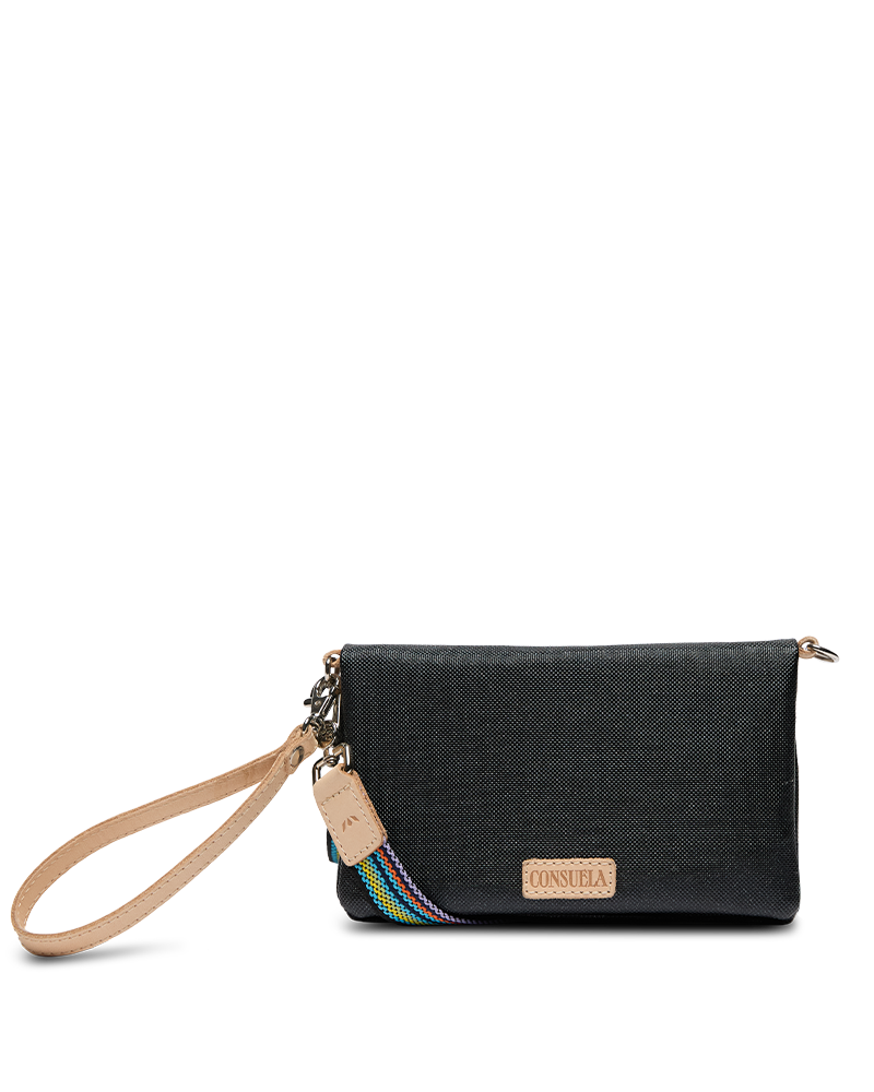 Black clutch bag with a strap on a white background