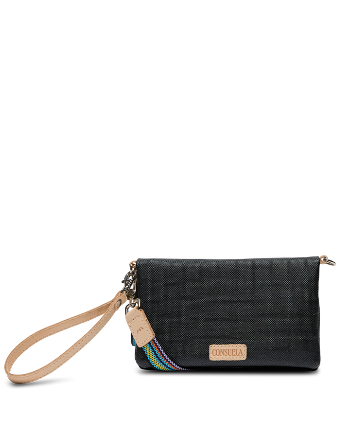 Black clutch bag with a strap on a white background