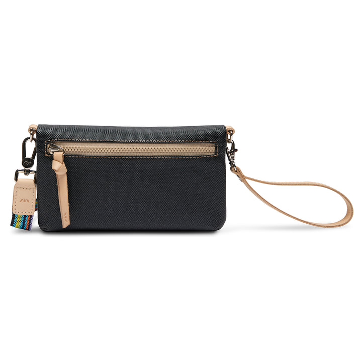 Black handbag with beige strap and accents on a white background