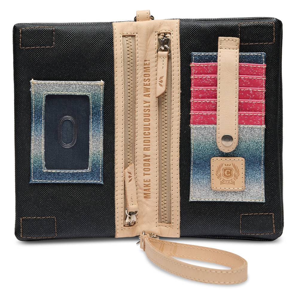 Black and beige wallet with colorful accents on a white background