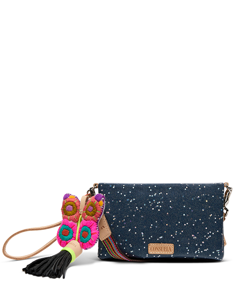 Blue clutch bag with colorful tassel on a white background