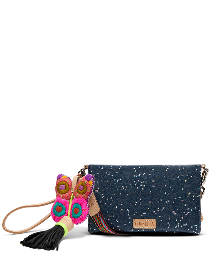 Blue clutch bag with colorful tassel on a white background