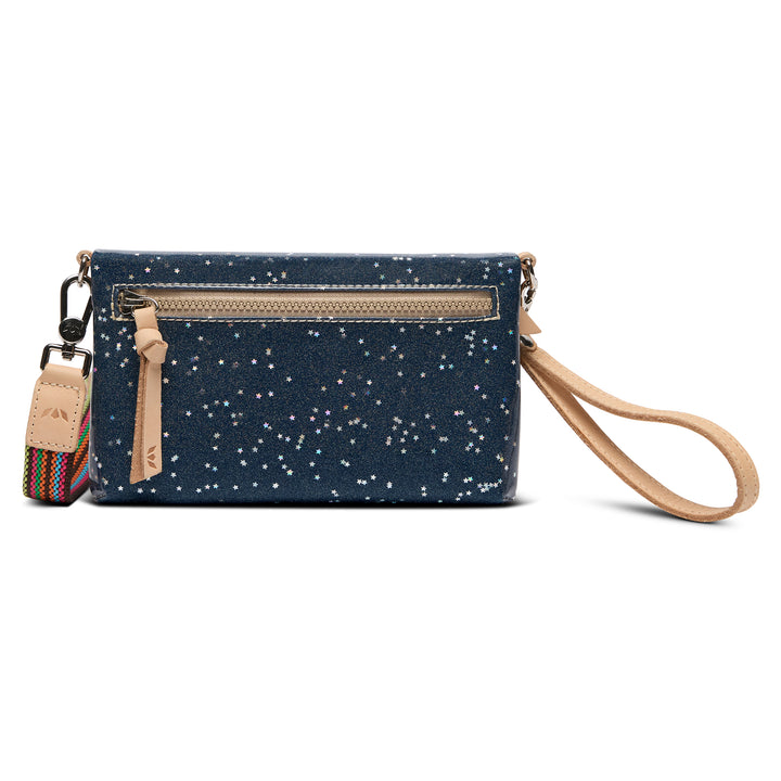Navy blue wristlet with star pattern and beige strap on a white background