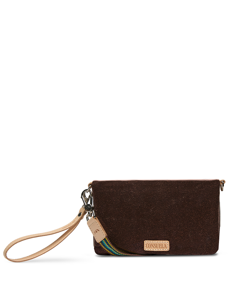 Brown wristlet with a strap on a white background