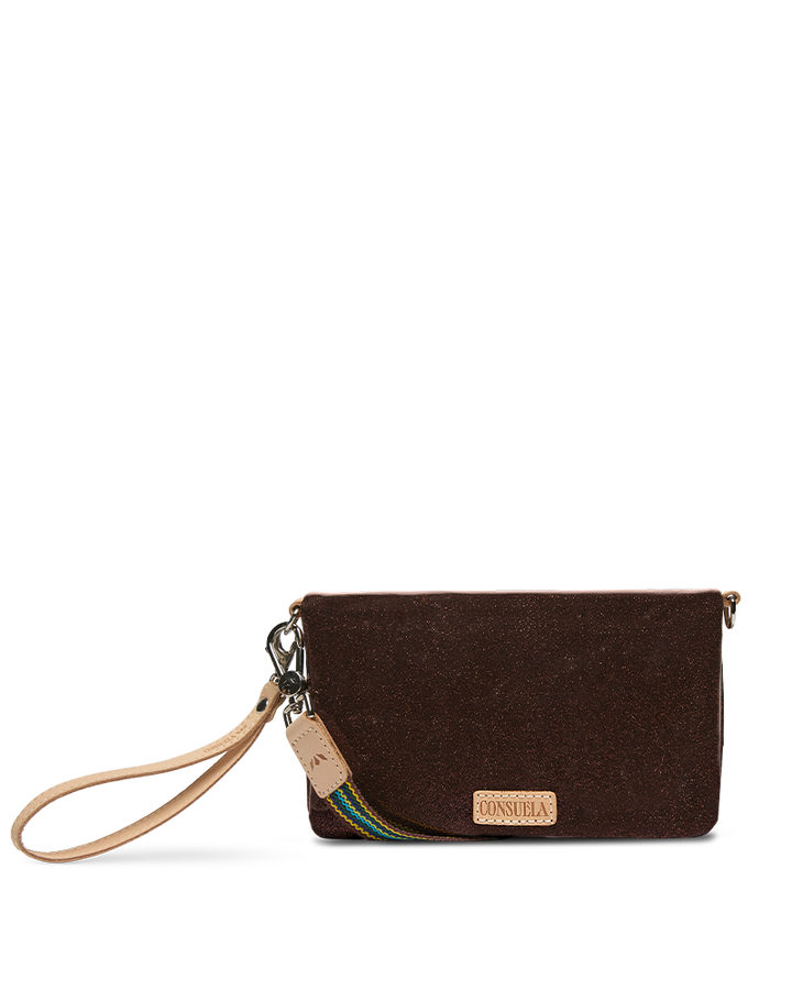 Brown wristlet with a strap on a white background