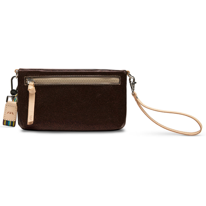 Brown wristlet with a strap on a white background