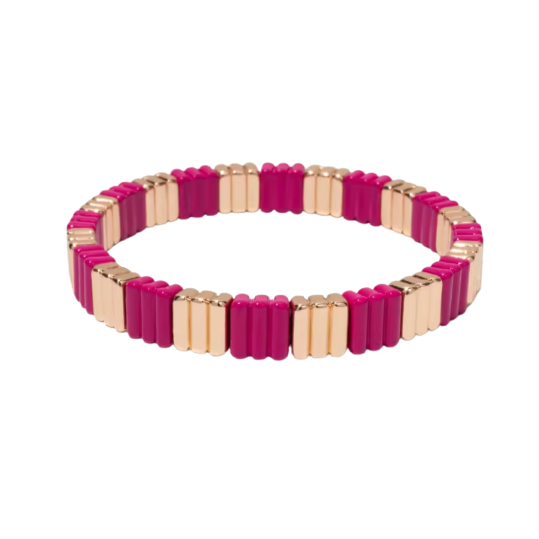 Bracelet with pink and gold beads on a white background