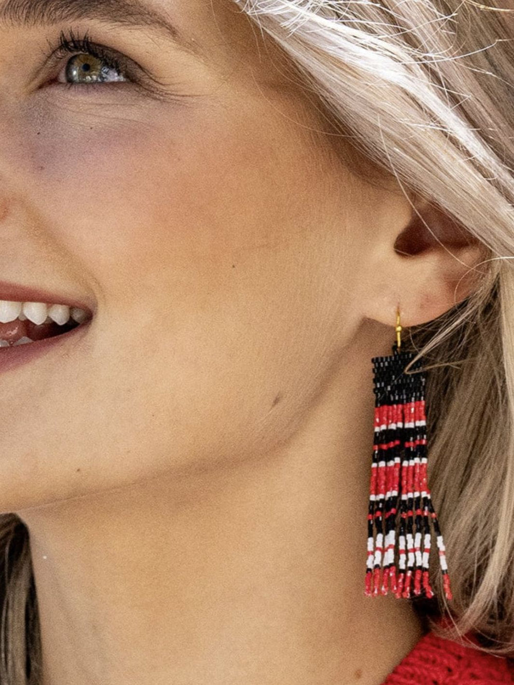 Billie Horizontal Stripes Fringe Earrings - Red & Black