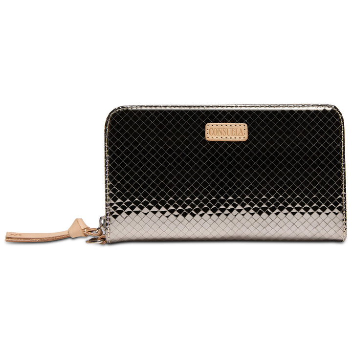 Black and silver patterned wallet with a brand logo on a white background