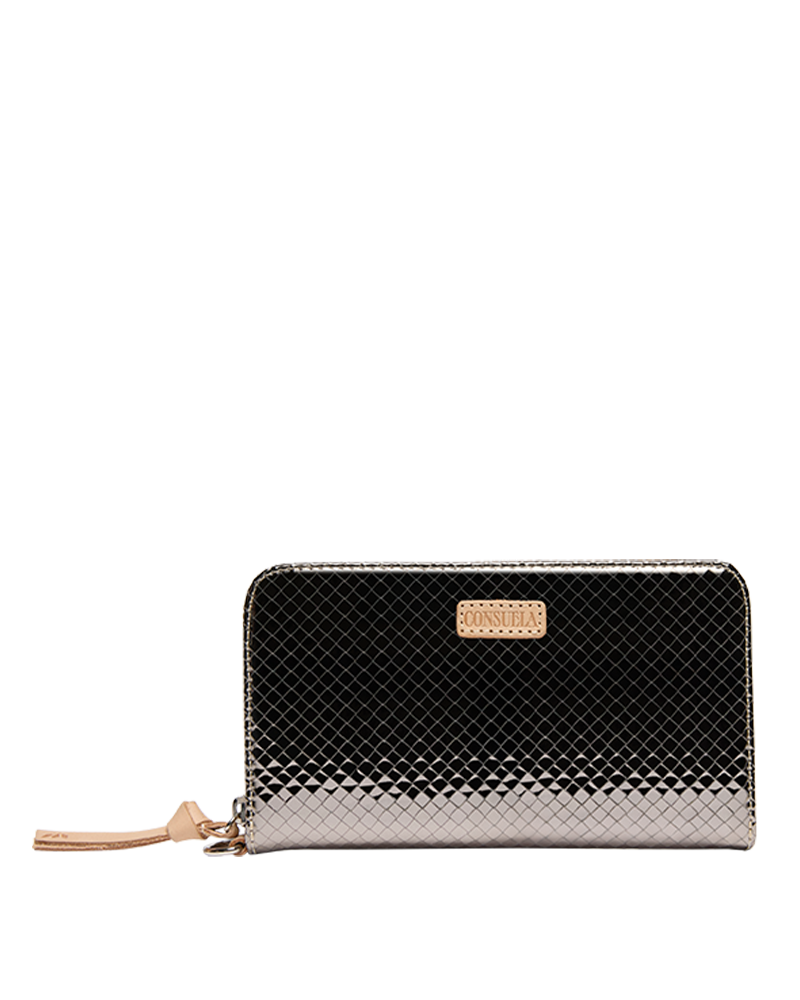 Black and silver patterned wallet with gold accents on a white background