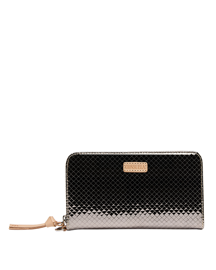 Black and silver patterned wallet with gold accents on a white background