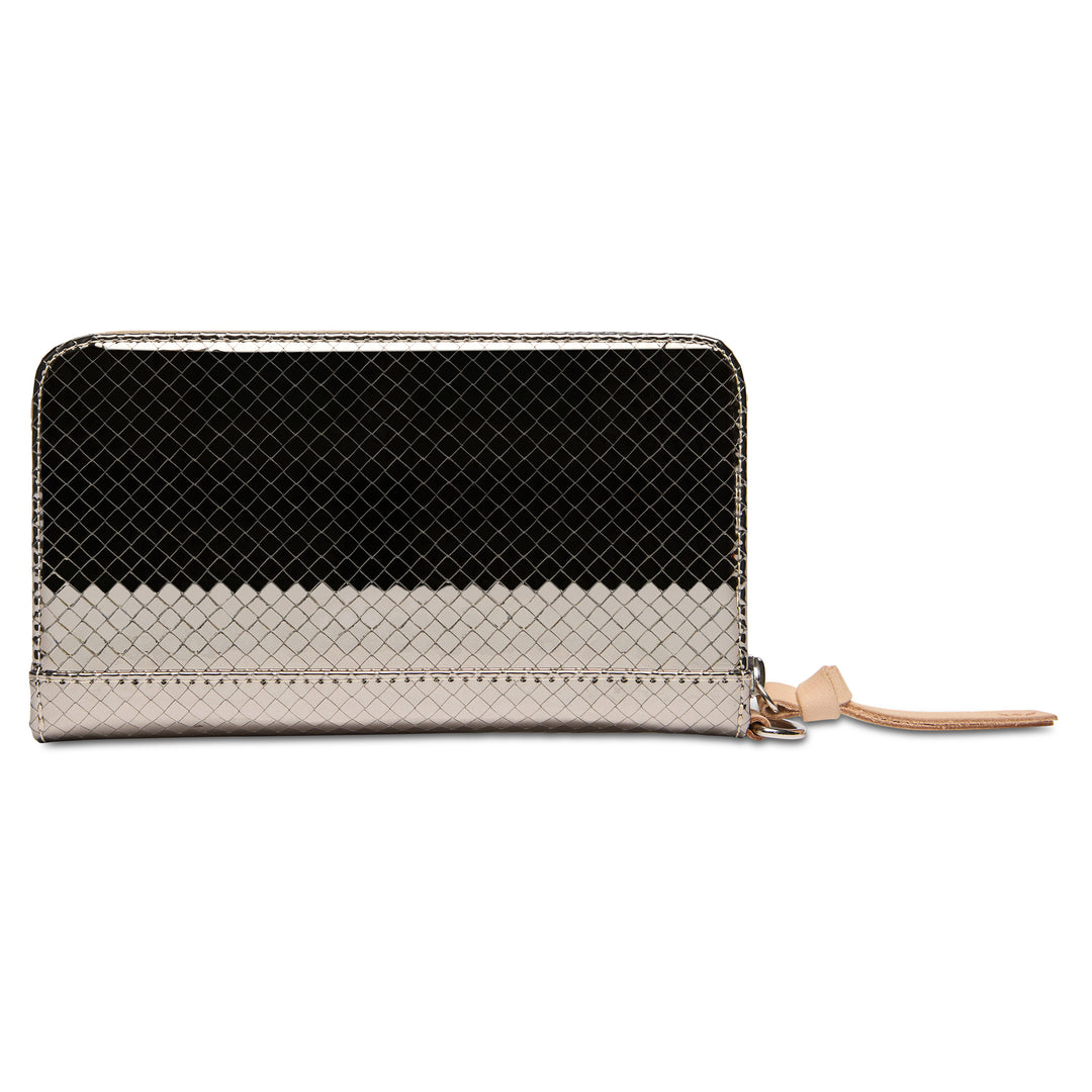 Black and beige wallet with zipper on a white background