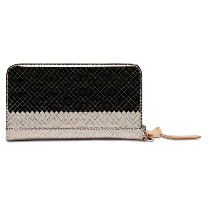 Black and beige wallet with zipper on a white background